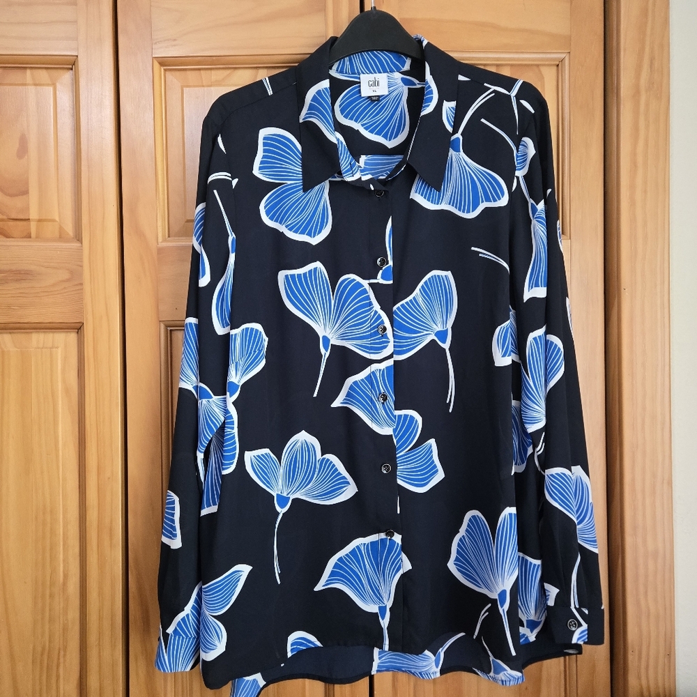 CAbi Black and Blue Butterfly Blouse